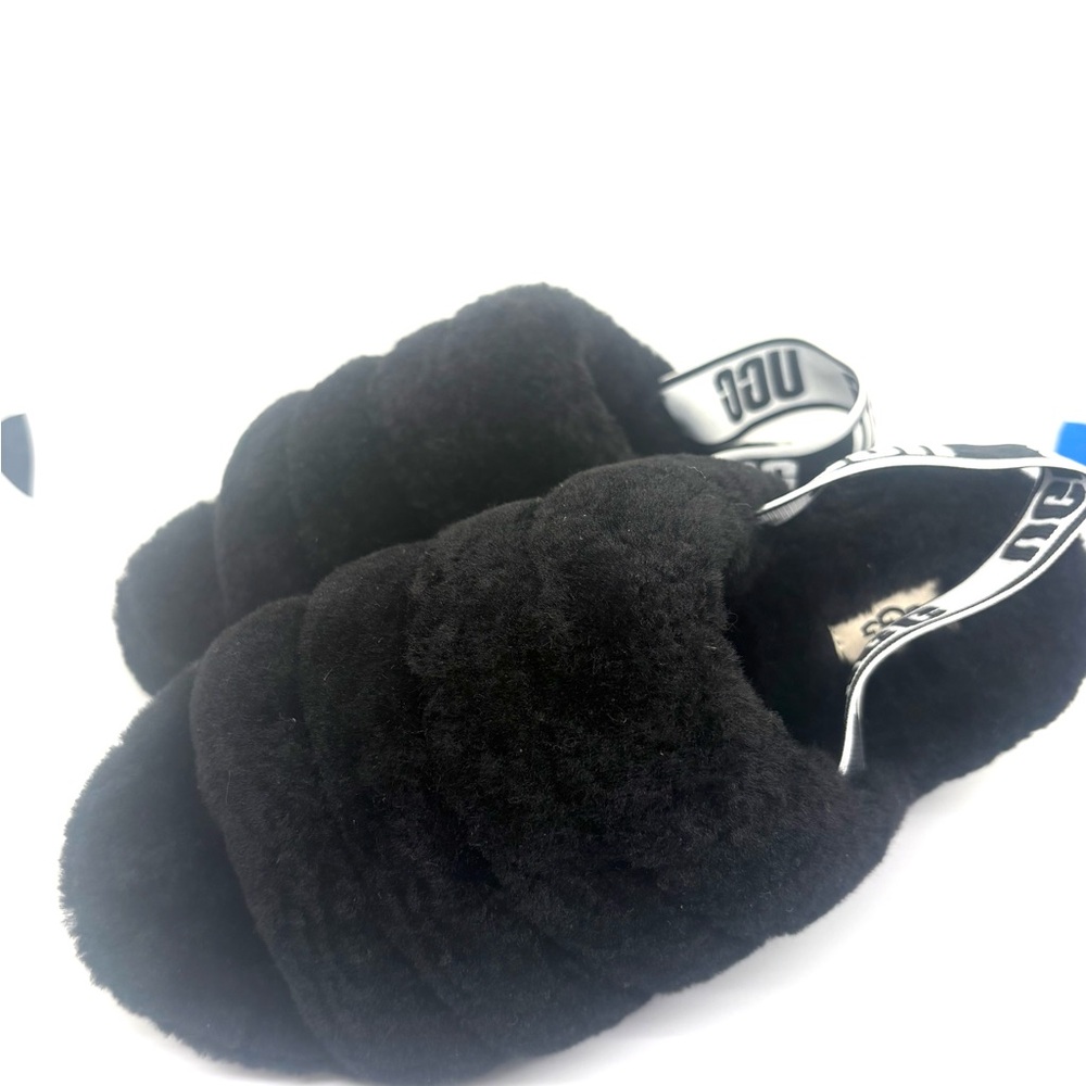 UGG Black Plush Shearling Slide with Logo Sling